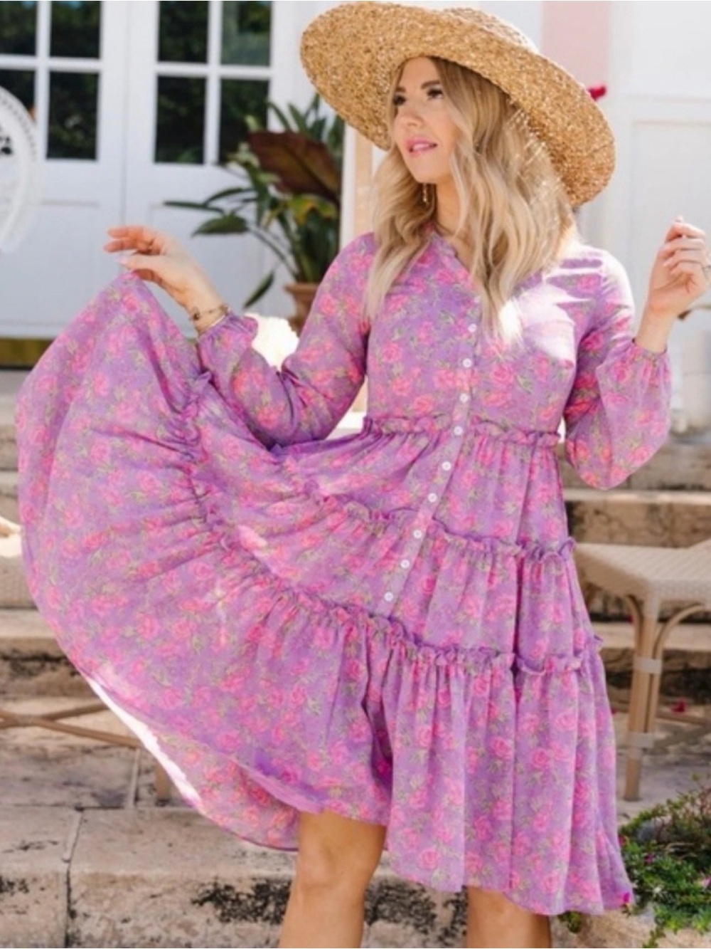 Ivy City Co Pink Floral Tiered Button-Front Dress